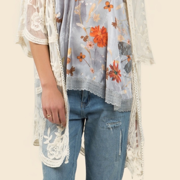 Boho Themed Kimono Style Cardigan Natural Color - Picture 5 of 7